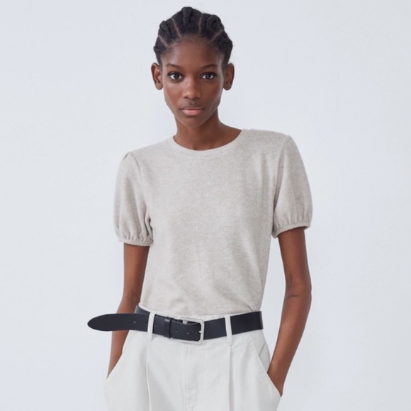 Zara Sweaters - Zara puff sleeve beige short sleeve sweater